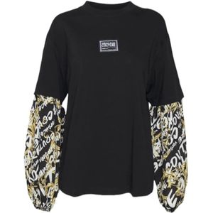 Versace Jeans Couture, Zwart Barok Print T-shirt met Lange Mouwen voor Dames Zwart, Dames, Maat:S