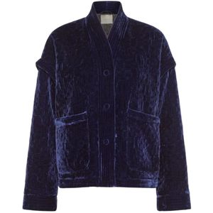 Momoni, Jassen, Dames, Blauw, M, Leer, Zijden en viscose oversized bomber blouson