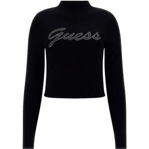 Guess, Truien, Dames, Zwart, L, Leer, Versierde Logo Trui - Zwart