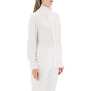 Alexander McQueen, Blouses & Shirts, Dames, Wit, S, Satijn, Zijden satijnen shirt met ruches