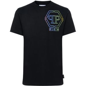 Philipp Plein, Tops, Heren, Zwart, M, Katoen, Zwart T-shirt met Multicolor Logo Print