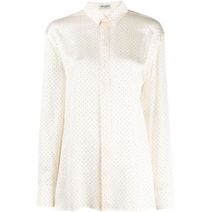 Saint Laurent, Blouses & Shirts, Dames, Wit, M, Satijn, Elegante Zijden Overhemd met Studs