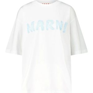 Marni, Tops, Dames, Wit, 3Xs, Katoen, Oversized Katoenen T-shirt met Frontprint