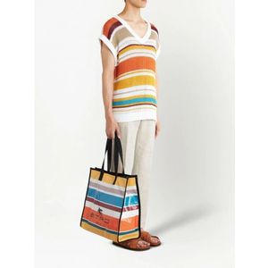 Etro, Tassen, Dames, Veelkleurig, ONE Size, Katoen, Gestreepte Leren Tote Tas