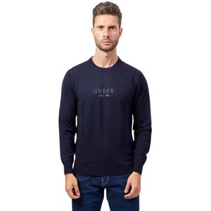 Guess, Sweatshirts & Hoodies, Heren, Blauw, L, Katoen, Blauwe Katoenen Trui met Lange Mouwen