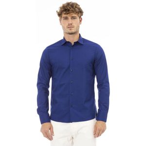 Baldinini, Overhemden, Heren, Blauw, M, Polyester, Blauw Polyester Overhemd met Italiaanse Kraag