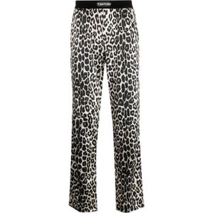 Tom Ford, Cheetah Print Logo Taille Slip-On Broek Beige, Heren, Maat:L
