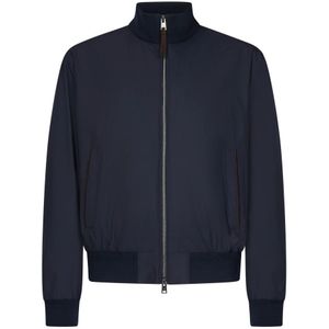 Ralph Lauren, Jassen, Heren, Blauw, M, Suède, Blauwe Zijden Bomberjack met Suède Afwerking