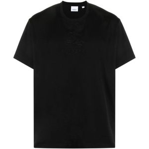 Burberry, Tops, Heren, Zwart, M, Katoen, Zwart Logo-Geborduurd Katoenen T-Shirt