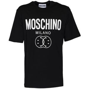 Moschino, Tops, Heren, Zwart, L, Katoen, Two Smile T-Shirt Zwart Wit