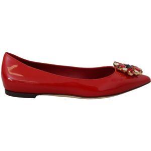 Dolce & Gabbana, Schoenen, Dames, Rood, 37 EU, Suède, Rode Leren Kristallen Loafers Platte Schoenen