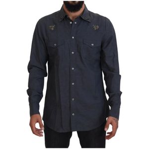 Dolce & Gabbana, Overhemden, Heren, Blauw, M, Denim, Blauwe Denim Crystal Bee Shirt