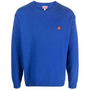 Kenzo, Blauwe Gebreide Wollen Pullover met Logo Patch Blauw, Heren, Maat:M