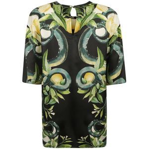 Roberto Cavalli, Tops, Dames, Zwart, XS, Satijn, Zwarte T-shirts en Polos met Limoni Foulard