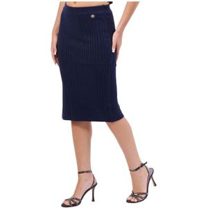 Fracomina, Rokken, Dames, Blauw, S, Blauwe Gebreide Midi Rok met Zijsplit