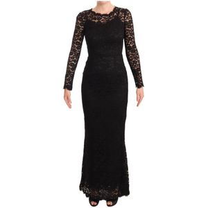 Dolce & Gabbana, Kleedjes, Dames, Zwart, L, Katoen, Zwarte Kant Zeemeermin Lange Mouwen Maxi Jurk