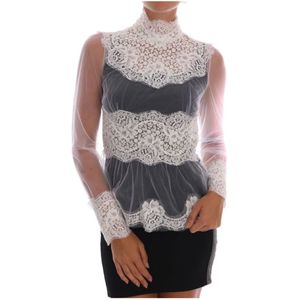 Dolce & Gabbana, Blouses & Shirts, Dames, Wit, L, Katoen, Witte Bloemenkanten Blouse met Opstaande Kraag