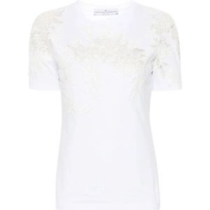 Ermanno Scervino, Tops, Dames, Wit, S, Katoen, Witte Bloemenapplicatie Crew Neck T-shirt