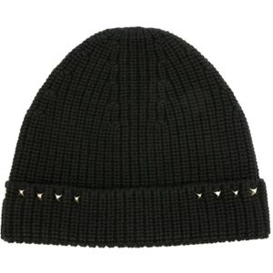 Valentino Garavani, Accessoires, Heren, Zwart, ONE Size, Wol, Rockstud Ribgebreide Beanie