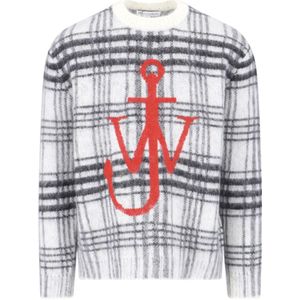 JW Anderson, Sweatshirts & Hoodies, Heren, Grijs, XL, Wol, Grijze Geruite Logo Trui