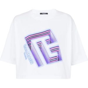 Balmain, Tops, Dames, Wit, XS, Katoen, Crop T-shirt met neon bedrukt labyrintlogo