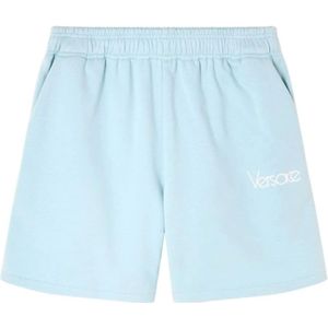 Versace, Korte broeken, Dames, Blauw, XS, Katoen, Blauwe Logo Print Shorts