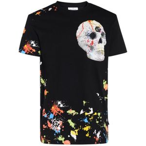 Philipp Plein, Zwarte Dripping Skull T-Shirt van Katoen Zwart, Heren, Maat:S
