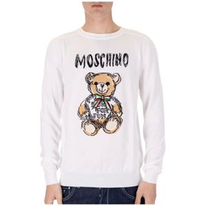 Moschino, Sweatshirts & Hoodies, Heren, Wit, M, Katoen, Gebreide Logo Trui Ronde Hals Lange Mouw