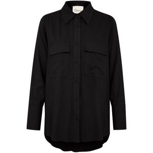 My Essential Wardrobe, Zwarte Linnen Blend Shirt met Zakken Zwart, Dames, Maat:M