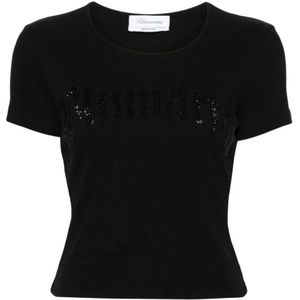 Blumarine, Tops, Dames, Zwart, M, Rhinestone Embellished Crew Neck T-shirt