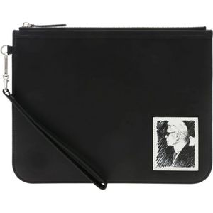 Karl Lagerfeld, Elegante Zwarte Leren Clutch Tas Zwart, Dames, Maat:ONE Size