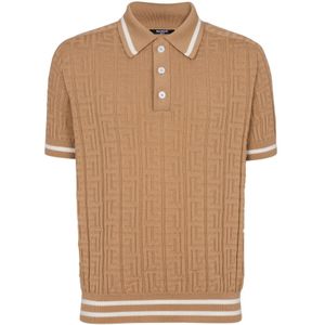 Balmain, Tops, Heren, Beige, S, Wol, PB Labyrinth wol poloshirt