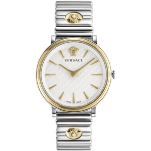 Versace, V-Circle Roestvrij Stalen Horloge Witte Wijzerplaat Geel, Dames, Maat:ONE Size