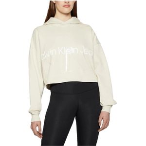 Calvin Klein, Glanzende Monogram Oversize Cropped Hoodie Beige, Dames, Maat:S