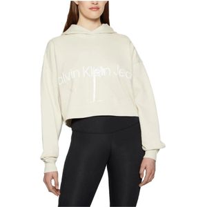 Calvin Klein, Sweatshirts & Hoodies, Dames, Beige, M, Katoen, Glanzende Monogram Oversize Cropped Hoodie