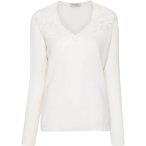 Ermanno Scervino, Truien, Dames, Wit, M, Witte Bloemenkant Trui