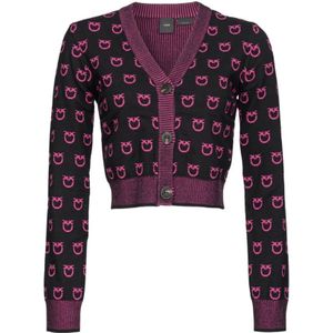 Pinko, Truien, Dames, Zwart, XS, Wol, Zwarte Jacquard Wolmix Cardigan met Love Birds Logo