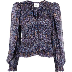 Isabel Marant Étoile, Blouses & Shirts, Dames, Paars, S, Bloemenprint V-hals zijden blouse