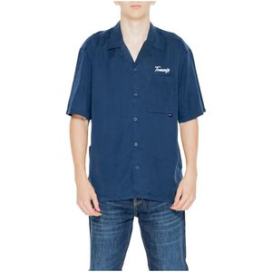 Tommy Jeans, Overhemden, Heren, Blauw, L, Korte Mouw Grafisch Overhemd Lente/Zomer