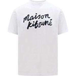 Maison Kitsuné, Tops, Heren, Wit, M, Handwriting Korte Mouw Wit T-shirt