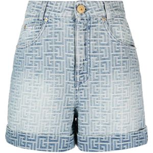 Balmain, Korte broeken, Dames, Blauw, S, Denim, Monogram Print Denim Shorts