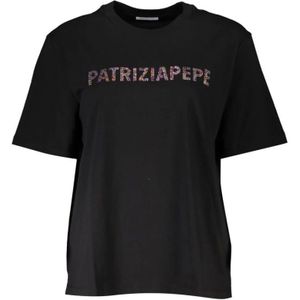 Patrizia Pepe, Tops, Dames, Zwart, L, Katoen, Chique strass versierd T-shirt met ronde hals