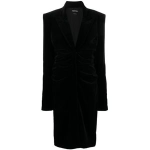 Tom Ford, Zwarte fluwelen midi-jurk met gewatteerde schouders en ritssluiting Zwart, Dames, Maat:S