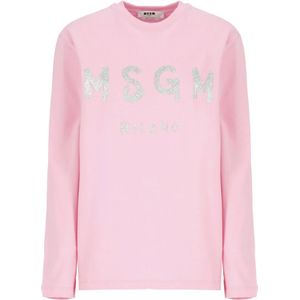 Msgm, Tops, Dames, Roze, S, Katoen, Roze Glitter Logo Crew Neck T-shirt