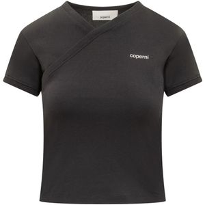 Coperni, Korte V-Hals T-Shirt met Logo Zwart, Dames, Maat:XS