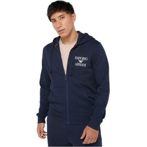 Emporio Armani, Sweatshirts & Hoodies, Heren, Blauw, S, Katoen, Geborduurde Logo Rits Hoodie - Armani