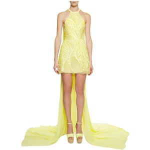 Elie Saab, Kleedjes, Dames, Geel, M, Polyester, Gele Kralen Cocktail Jurk