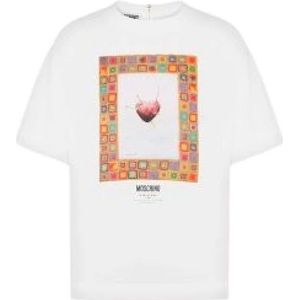 Moschino, Tops, Dames, Wit, S, Satijn, Satin Heart of Wool Heart Print T-Shirt