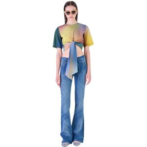 Silvian Heach, Blouses & Shirts, Dames, Veelkleurig, 2Xs, Katoen, Multicolor Crop T-shirt met Korte Mouwen en Knoopdetail aan de Voorkant
