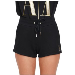 Armani Exchange, Korte broeken, Dames, Zwart, XS, Katoen, Zwarte Logo Patch Elastische Taille Shorts